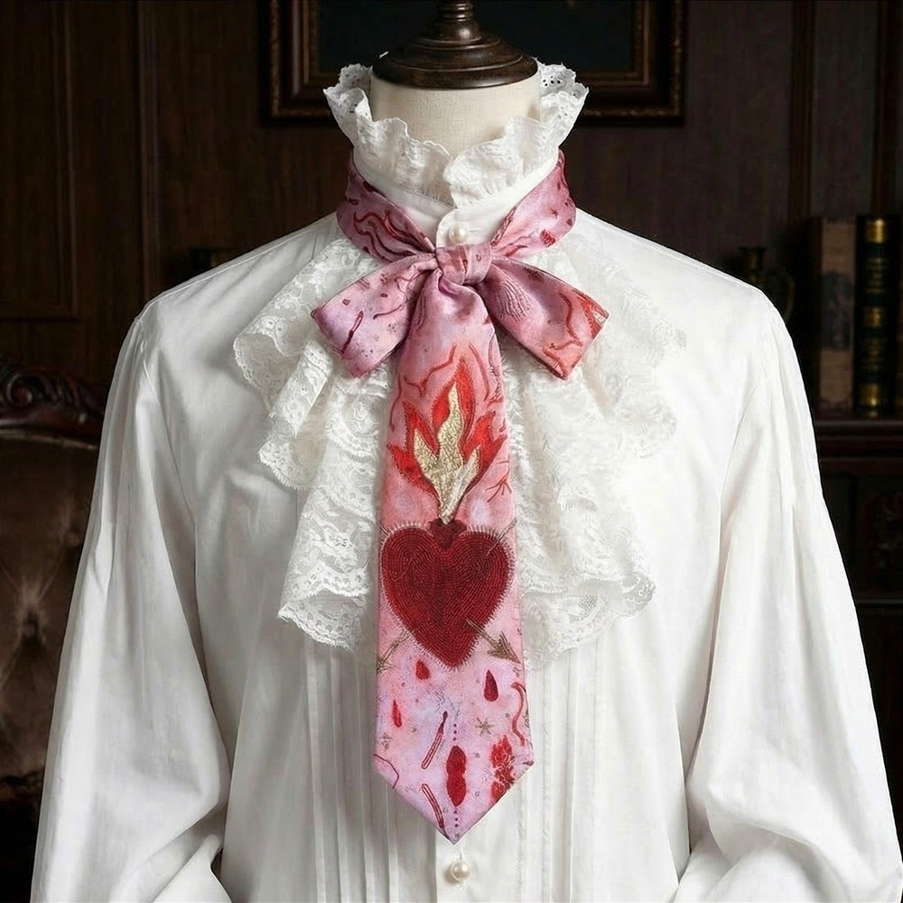 Sacred Heart Victorian Vampire Neck Tie Flaming Gothic Bow Embroidery Print